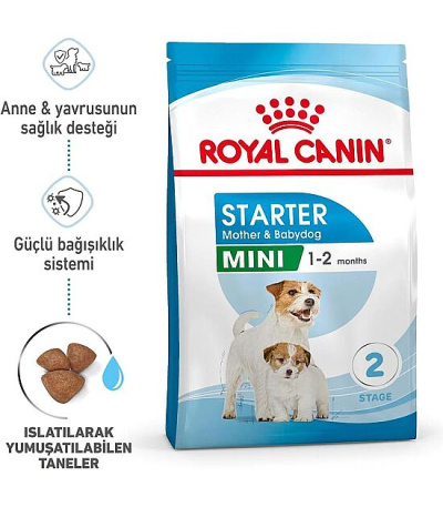 Royal Canin Mini Starter anne ve yavru köpek maması paket görseli ve tanecik yapısı görünür.