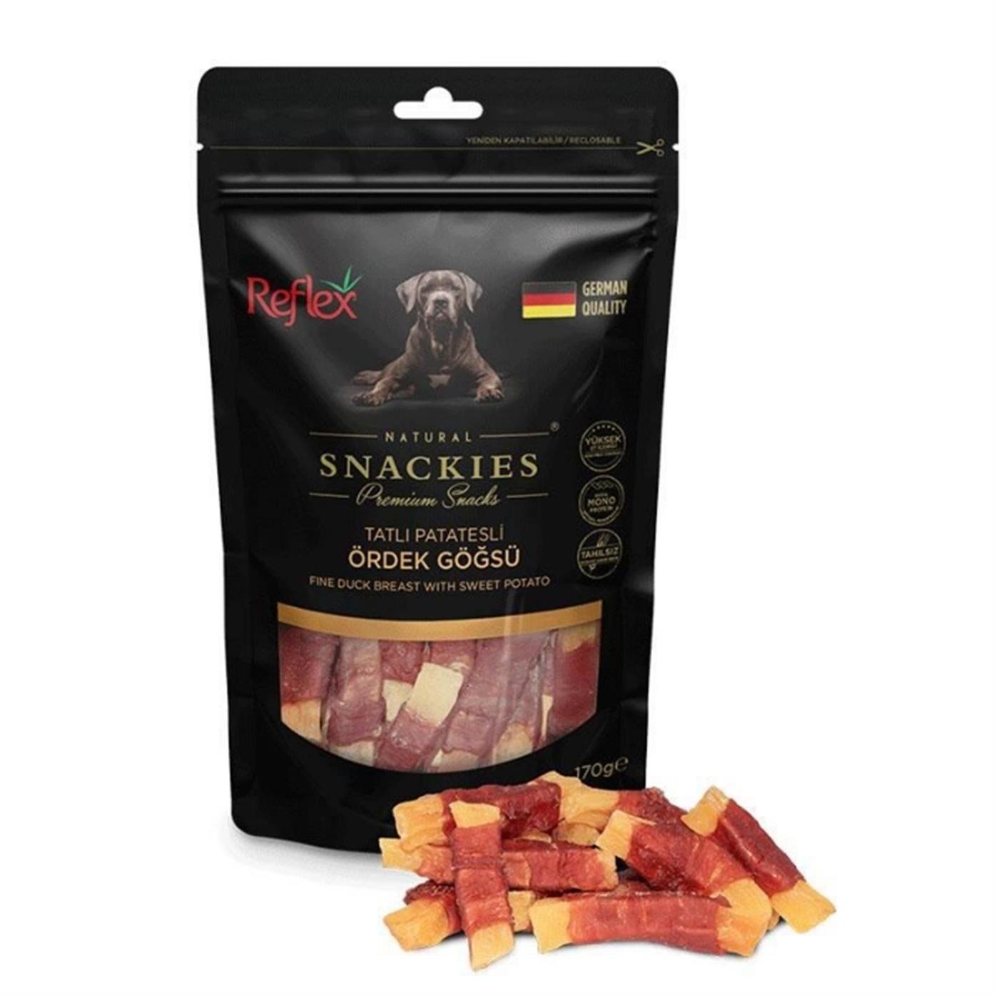 reflex-snackies-tatli-patatesli-ordek--4f20-b Reflex Snackies Tatlı Patatesli Ördek Göğüslü Köpek Ödülü 170gr - Görsel 1